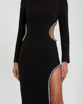 Black Crepe Long Sleeve Gown With Beaded Cut Outs